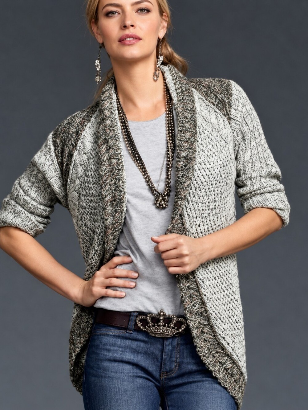 CAbi Boho Marled Open Knit Drape Front Long Cardigan Sweater Size Medium